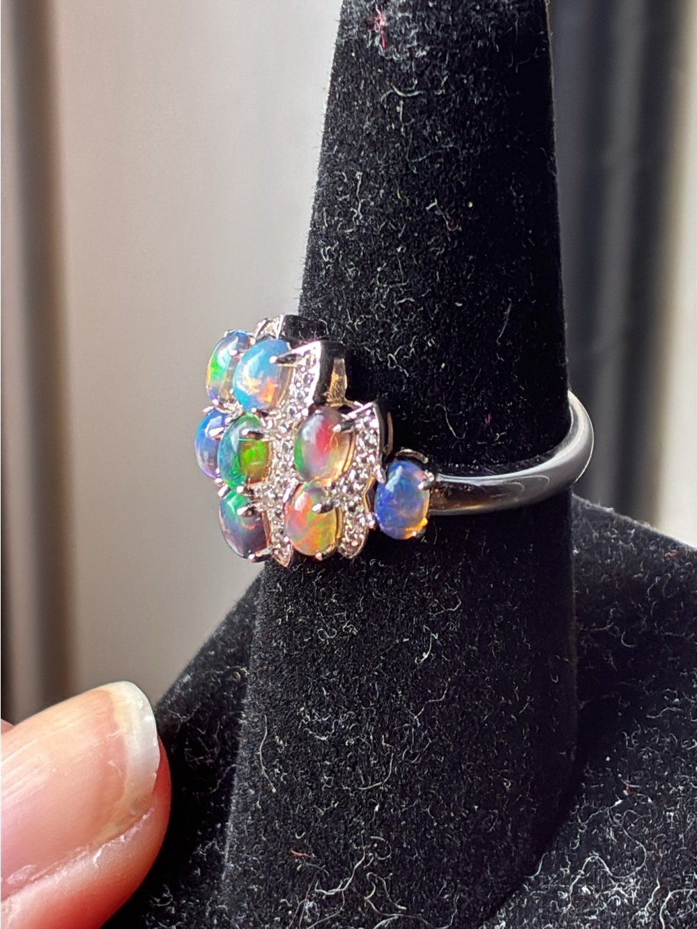 Sterling Silver Black Fire Opal Cluster Ring in Green-Blue Fire - Picture 5 of 9